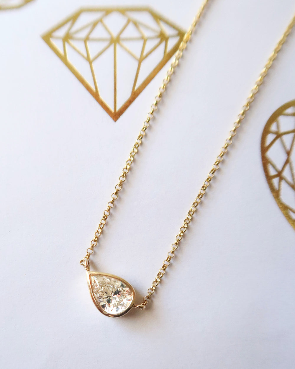 14k yellow gold bezel diamond pear cut necklace